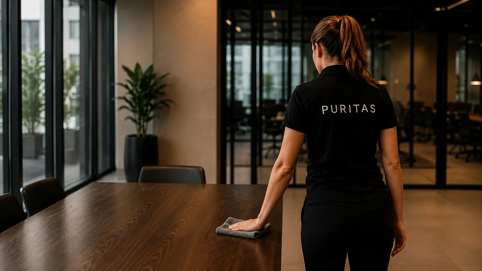 Puritas-medarbejder rengør et mødebord med en professionel mikrofiberklud i et moderne kontor